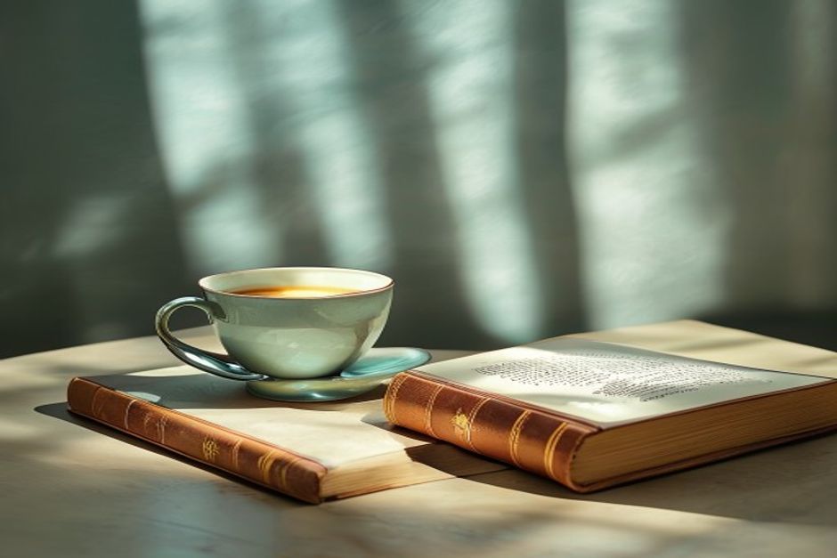 Evening wind-down materials Herbal tea cup and book on side table